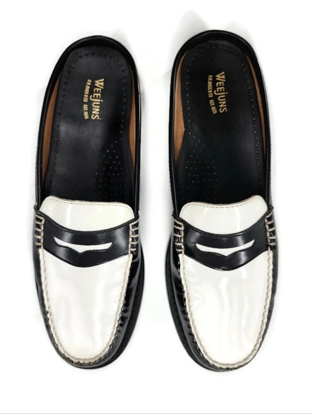 G.H. Bass Weejuns Wynn Black & White Leather Handsewn Slip-On Penny Loafer Mules - Picture 7 of 13